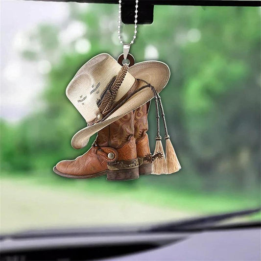 2D Acrylic Hat & Boots Design Car Decorative Pendant, Vintage Trendy Rearview Mirror Hanging Ornament, Fashionable Accessories for Car Interior Decoration