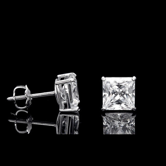 2Ct Princess Simulated Diamond Earrings Square Stud 14K White Gold Screw-Back